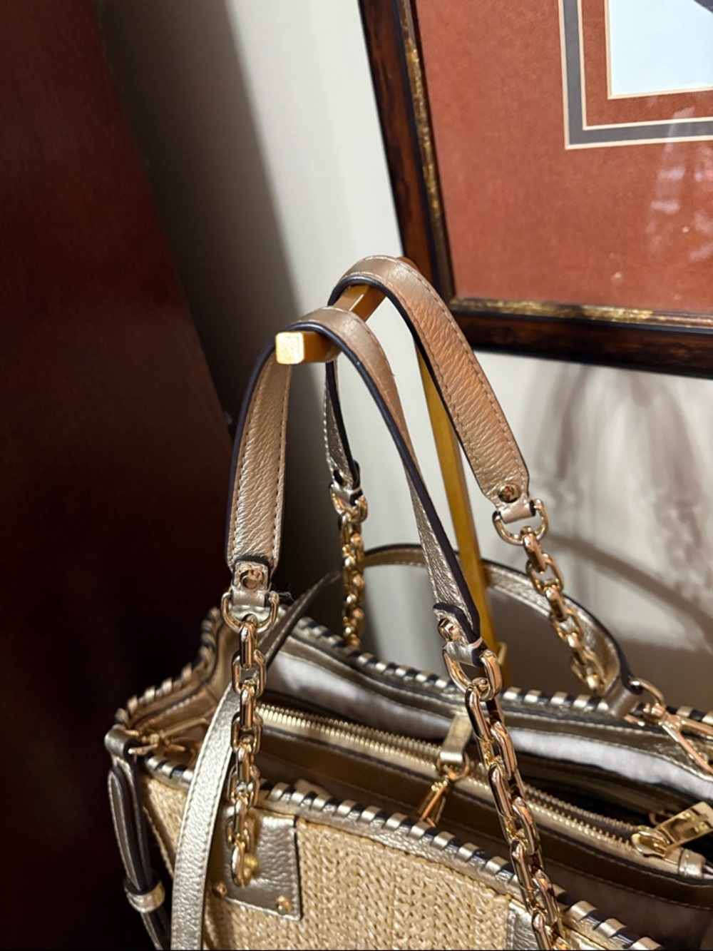 Michael Kors Rosalie Straw Tote with Gold Metallic Trim and Chain Handles - Picture 3 of 14